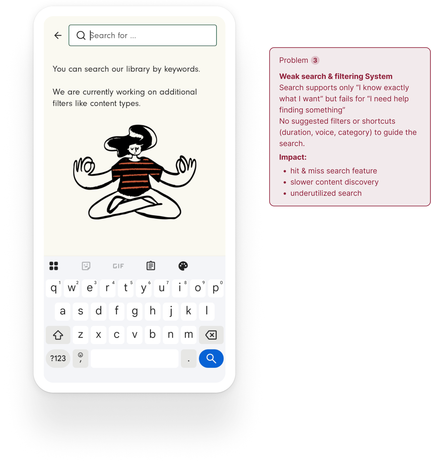 Search screen with Weak search & filtering system annotated